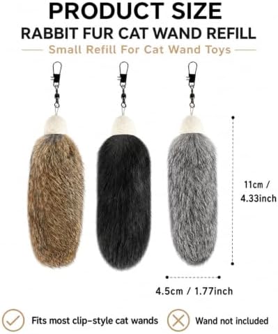 3pcs Cat Rabbit Fur Interactive Toys in Brown, Grey & White,/ Natural Fluffy Wand Attachments for Indoor Cats, Silent Handmade Replacement Heads with Secure Connector