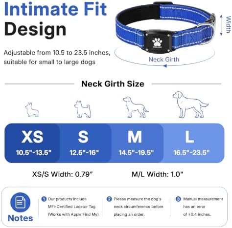 GPS Dog Collar with Tracker, Waterproof, No Monthly Fee, Blue, L | Works with Apple Find My, iOS Only, MFi Certified, No SIM Card, for Large Dogs, Reflective Padded Nylon, Neck 16.5-23.5 in