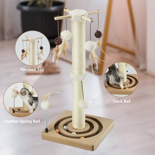 PEEKAB Cat Scratching Post Sisal Scratch Posts for Indoor Cats and Kittens,with Tracking Ball Interactive Toys and Hanging Balls 25 Inches Beige
