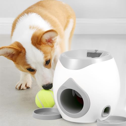 Dog Ball Launcher Interactive Puppy Ball Thrower Machine with Treat Dispenser Fun Dog Training Toys for Indoor Outdoor(Light Grey,2 Balls)