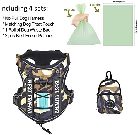 Petmolico No Pull Dog Harness, 2 Leash Clips Tactical Dog Harness Soft Padded Reflective Service Dog Vest with Dog Treat Pouch for Outdoor Walking Training, Camouflage Small