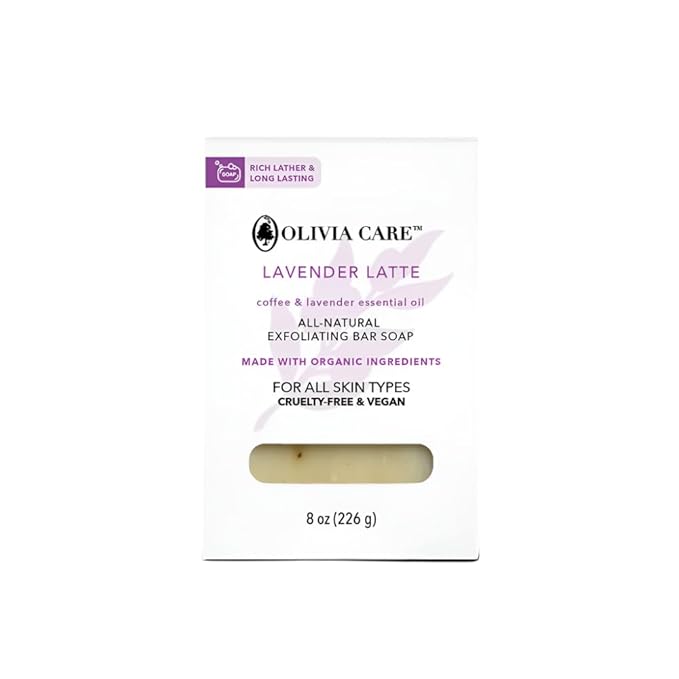 Olivia Care Exfoliating Bar Soap, Coffee Beans, 100% Natural, Organic Ingredients, Clean Energize Mind Body, Full of Vitamin & Antioxidants (Lavender Latte)