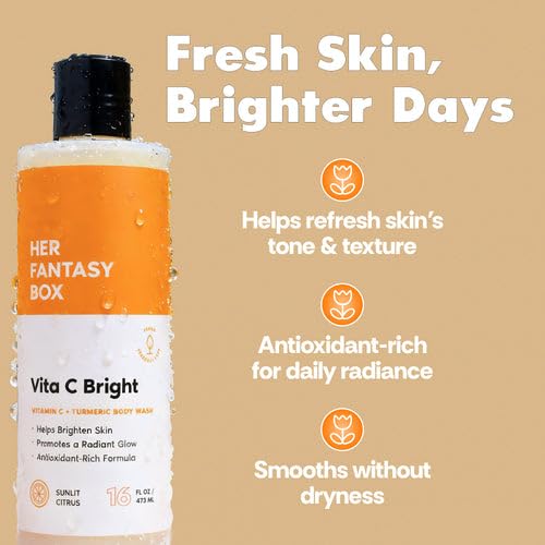Her Fantasy Box | Vita C Bright Turmeric Body Wash – Antioxidant‐Rich Citrus Cleanser with Vitamin C & Turmeric for Radiant, Even-Looking Skin, Moisturizing Vegan Formula (16 oz)
