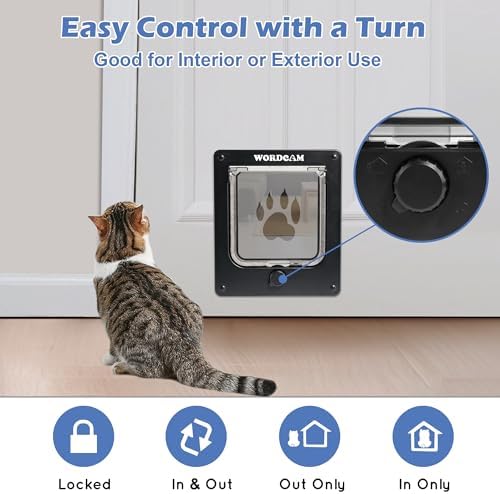 Wordcam Cat Door for Interior/Exterior, for Pets Waist≤5.9", Medium, Black