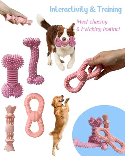 4 Pack Teething Toys Dog Durable Chew Toys Soft Rubber Toy Dog Teeth Cleaning Toothbrush Toy Cute Interactive Toys for Medium Large Breed(Medium,Pink)