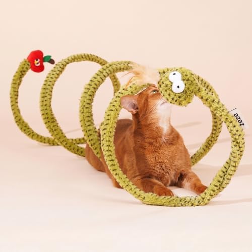 ZEZE Forest Snake Spiral Cat Tunnel Toy with Catnip, Bell & Hanging Teasers, Foldable Interactive Plush Tunnel for Indoor Cats