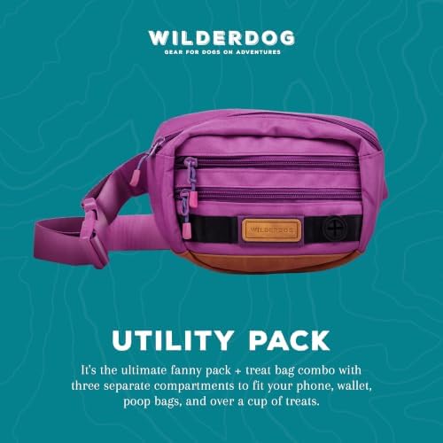 Wilderdog Utility Fanny Pack stores Treats, Balls, Keys in 3 Pockets with adjustable strap and Poop Bag dispenser (Lilac)