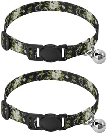 2 Pack Kitten Collar White Flowers Green Leaf Chevron Kitten Bell Collar, Adjustable Length 10.6" to 17.1"