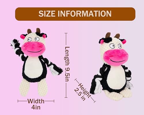 Squeaky Dog Toy Chew Plush Stuffed with Cotton Rope Crinkle Paper Soft Interactive Durable for Small Medium Large Dogs Puppy Pet White Cow