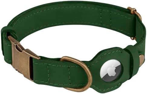 AirTag Dog Collar - Genuine Leather Dog Collar with Apple AirTag Holder and Metal Buckle - Smart GPS Tracking Pet Collars (Dark Green, L, 17"-21" Neck Fit)