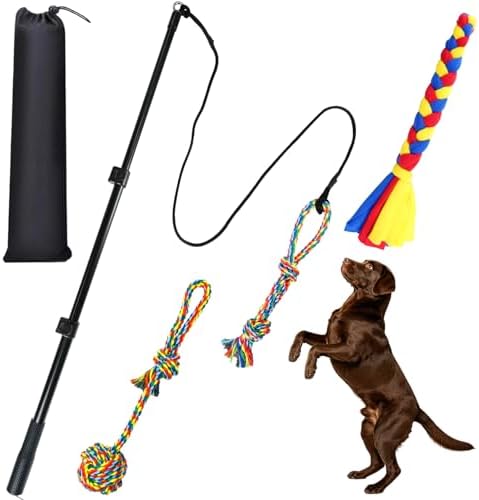 Flirt Pole for Dogs, Heavy Duty Dog Teaser Wand with 3 Replacement Rope
