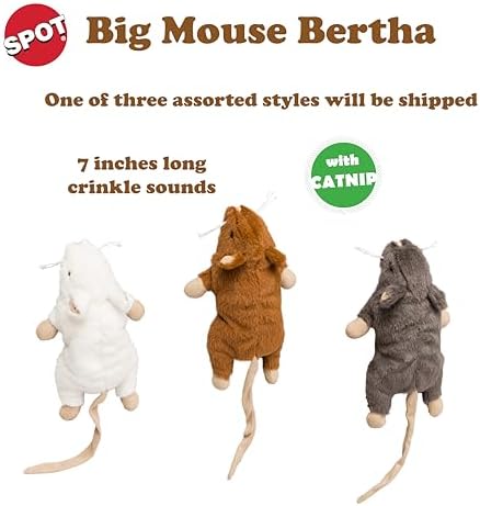 SPOT Big Mouse Bertha Cat Toy with Catnip – Lifelike Plush Mouse, Crinkle Sound, Large 7in Size, for Cuddling, Chasing, Playing – Assorted Colors