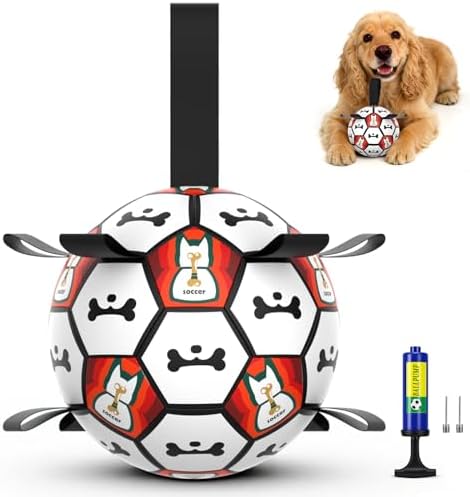 Dog Toy Balls, Dog Soccer Ball with Straps, Interactive World Cup Soccer Ball for Medium Dogs, Water Fetch Toys, Tug-of-War, Herding Ball Toys Outdoor, Dog Birthday Toy, Black (6 Inch)