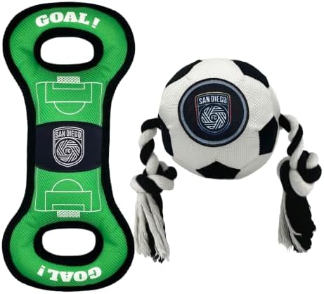 Pets First MLS San Diego FC Soccer Field Tug Toy & Soccer Ball Rope Toy Set for Dogs - Officially Licensed Interactive Squeaky Rope Fetch & Chew Toys with Team Logo