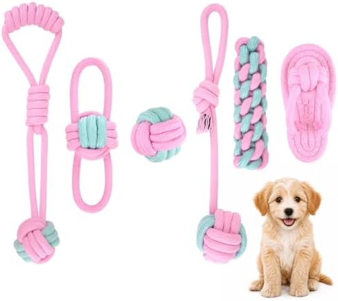 Dog Rope Toys for Puppies and Small Dogs, 6 Pack Cotton Rope Chew and Tug Toys for Teething Puppies, Tossing and Indoor Play (Pink)