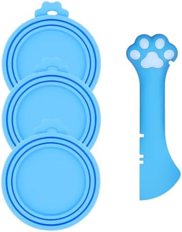 Pet Can Opener & 3 Pcs Cat Food Can Lids | Universal BPA Free Silicone Covers & Multi-Function Wet Food Spoon for Cat and Dog Food(Blue)