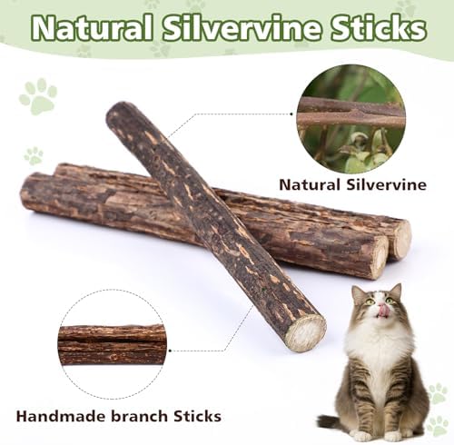 WOUSEDO 7 Pack Silvervine Sticks Cat Toy with Catnip & Matatabi Ball