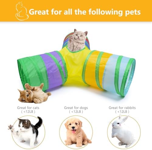 3 Way Cat Tunnel Collapsible Fun Pet Play Tube Toys for Cats, Kittens, Puppies & Rabbits - Portable Tunnel with Hanging Ball for Indoor Play, Hideout & Exercise