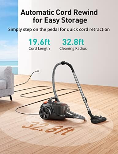 Aspiron Canister Vacuum, Upgraded 1600W Bagless Canister Vacuum Cleaner | Auto Cord Rewind, H13 HEPA Filter, 4Qt Large Capacity, 5 Tools for Hard Floors, Carpet, Pet, Upholstery, Tiles, Honey