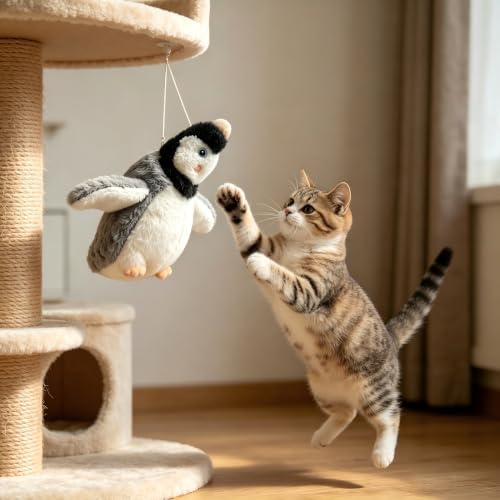 Interactive Flapping Penguin Pet Toy with Chirp Sound, Hanging & Placeable Plush Toy for Cats Dogs, Relieve Boredom Prevent Furniture Scratches
