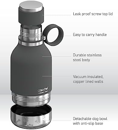 Asobu Dog Bowl Attached to Stainless Steel Insulated Travel Bottle for Human 37oz/1.1 Liter with Detachable Dog Bowl (Smoke)