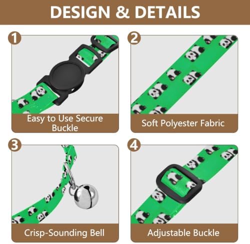 Cute Cartoon Pandas Poses Green Collar for Cats, 2 Pack Bell Collar for Small Dogs