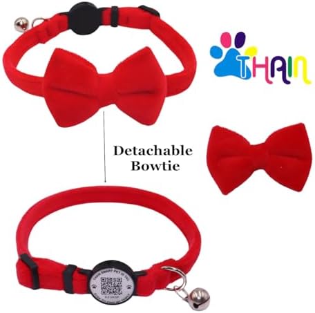 THAIN Personalized Cat Collar with Bell and Bowtie Breakaway QR Code Name Smart ID tag Quick Release Soft Comfortable Collar for Cats and Kittens (Red)