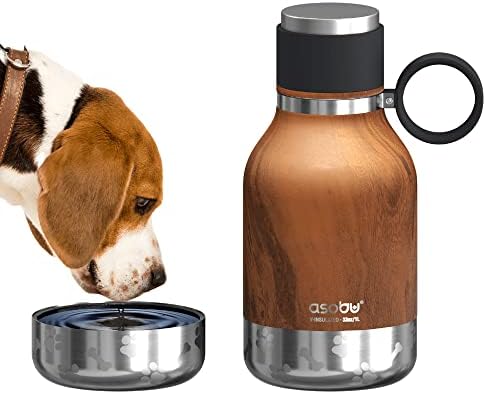 Asobu Buddy Bottle a Stainless Steel Insulated Water Bottle for with Removable Dog Water Bowl and Dog Food and Treat Storage Bowl (Wood, 37 oz Water Bottle with Bowl)