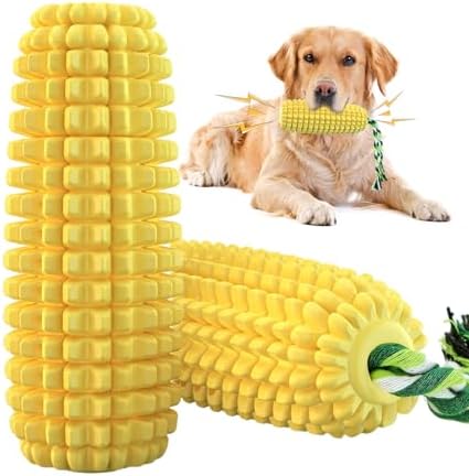 Corn Squeaky Rubber Dog Chew Toy with Dental Cleaning Grooves & Cotton Rope