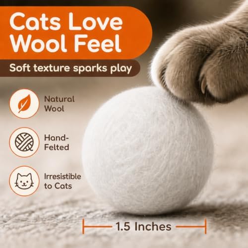 Balls for Cats - Felt Wool Cat Toy Balls for Small Pet Fetch and Play - Eco Friendly Quiet Wool Ball Cat Toy for Cats and Kittens - Choose Your Colors (White)