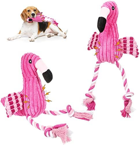 Sotiff 2 Pack Pink Flamingo Dog Plush Cute Squeaky Puppy Teething Plush Animal Interactive Stuffed Rope Pet Fake Birds for Small Medium Large Dogs Birthday Gifts