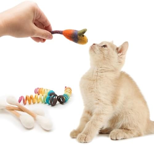 Glaciart One Indoor Catnip Cat Toy Pack - 7pc | Kitty Toys Include Wool Springs, Swabs & Mouse | for Activity, Exercise & Play | Filled w/Organic Catnip to Excite/Calm Pet | Great Gift Idea
