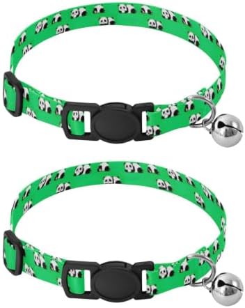Cute Cartoon Pandas Poses Green Collar for Cats, 2 Pack Bell Collar for Small Dogs