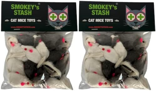 Smokey's Stash Rabbit Fur Mouse Cat Toy 24 per Pack White and Gray Fuzzy Toys for Cats with Rattle Realistic Fake mice (24)