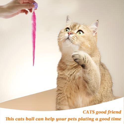 Bouncy Ball With Tail Cat Toy, 6 Packs Rainbow Magic Worm With Ball for Cats, Colorful Fuzzy Worm Bouncy Balls (Rainbow Large)