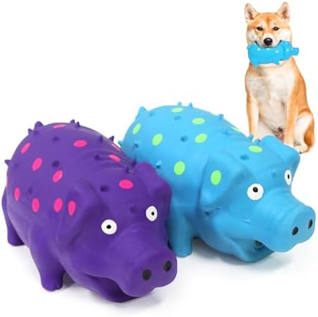 Squeaky Pig Dog Toys, Interactive Durable Latex Rubber that Oink Pig Chew Toy for Medium Large Dogs 2 Pack (Blue+ Purple)