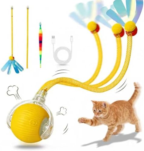 Interactive Cat Toys Ball，Automatic Interactive Cat Toy with 3 Modes, LED Light & 3 Replaceable Accessories, Indoor Cat Exercise Toy for Kittens & Adult Cats, Relieves Boredom Golden Yellow