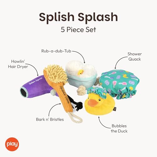 P.L.A.Y. Cute Plush Dog Toys - Splish Splash Bathtime Themed Durable Squeaker Toys, Great for Puppies & Small, Medium, Large Dogs - Machine Washable, Recycled Materials (5 Piece Set)