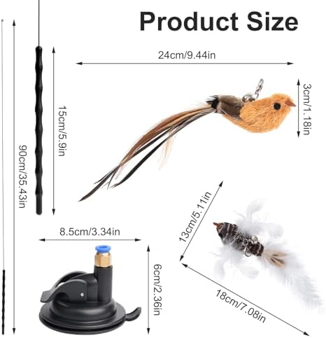 5 Pcs Interactive Cat Feather Toys, Interactive Cat Toys for Indoor Cats, Bird Simulation Cats Feathers Fishing Pole Toy Kit with Suction Base & Replacement Birds for Outdoor Indoor Kitten Playing