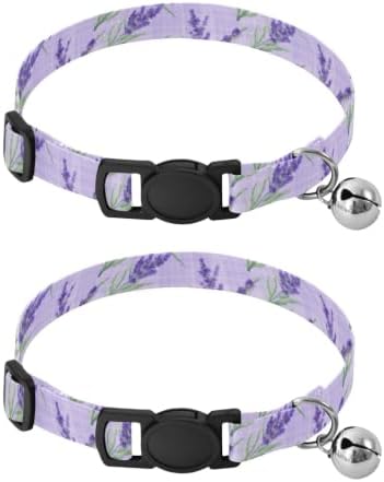 Watercolor Lavender Plaid Decorative Pet Collar with Bell 2 Pack Cat Collar Adjustable Length 10.6" to 17.1"