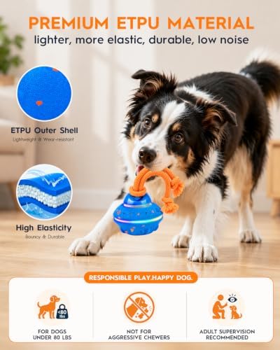 Xeuch Interactive Dog Ball Toy, ETPU Rotating Motion, Rechargeable | 3 Play Modes, Bird Chirping Sounds, 7 LED Lights, ETPU Shell, Rope Design, Rechargeable Battery, for Small and Medium Dogs