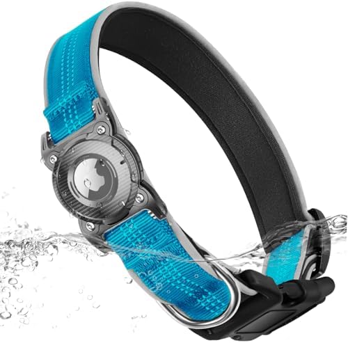 ONEONTA Airtag Dog Collar | Waterproof Airtag Dog Collar Holder with Removable Metal Loop - Airtag Collar Heavy Duty, Reflective, Ultra-Durable, Comfortable Padded, for Small Medium Large Dog, Blue L
