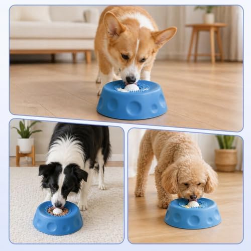 Dog Lick Bowl with Rolling Ball, Slow Feeder Dog Bowl, Interactive Dog Puzzle Feeder for Slow Eating, Lick Mat Alternative, Food Dispensing Enrichment Toy for Dogs (Blue)
