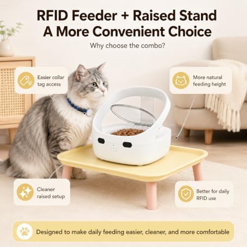 RFID Cat Feeder with Raised Stand, Collar Tag Access for Multi-Cat Homes