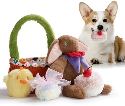 Nocciola Basket Dog Toys - Durable Stuffed Plush Bunny Dog Squeaky Toys for Small, Medium and Large Breeds, Easter Basket with Egg & Rabbit & Chick & Cake Puppy Toy