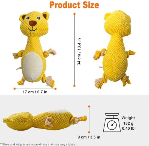 Yellow Bear Plush Chew Dog Toy, 13.4 in, Squeaker and Rope