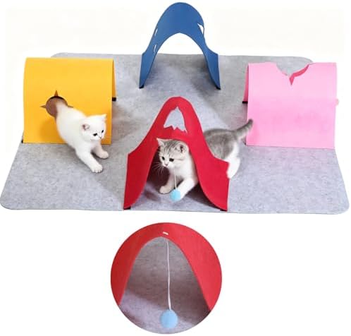 Cat Tunnel Toy, 4-Way Felt Interactive Feline Activity Mat, Large 35.4 x 35.4 in Foldable Play Structure with Colorful Tunnels, Soft Pet Cave for Indoor Exercise, Year-Round Fun