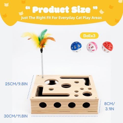 Cat Nail File Box, Solid Wood Cat Scratch Puzzle Enrichment Toy with Built-in Grooming Paper, Interactive Hideaway for Indoor Cats with 3 Bell Balls and Feather Cat Toy (Color: Natural Wood)