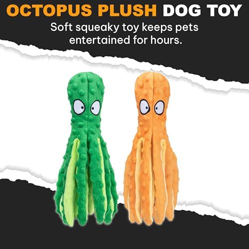 Squeaky Octopus Dog Toy – No Stuffing, Crinkle Sound Plush Chew Toy for Small and Medium Dogs – Durable and Machine Washable – 2 Pack (Orange & Green)
