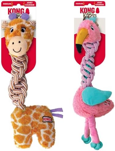 KONG Knots Twists Dog Toys, 2-Pack Assorted – Durable Braided Rope with Squeaker, Minimal Stuffing, Soft & Tough Chew Toy for Thrashing & Teeth Cleaning (Medium/Large)